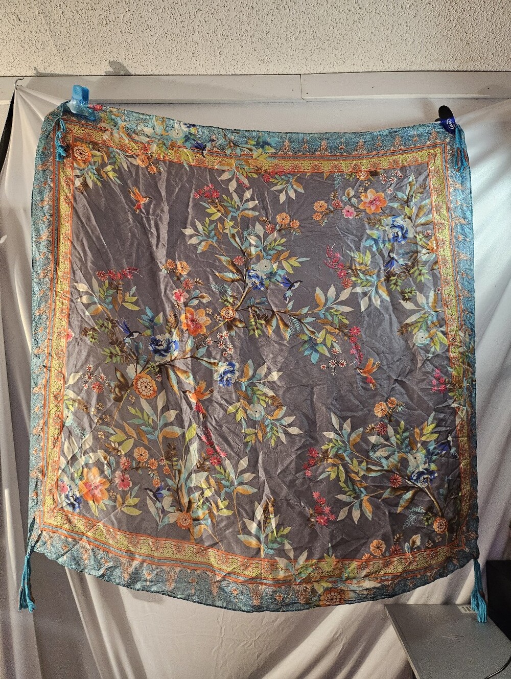 *Johnny Was Silk Square Scarf Floral Botanical Bird Print with Corner Tassels